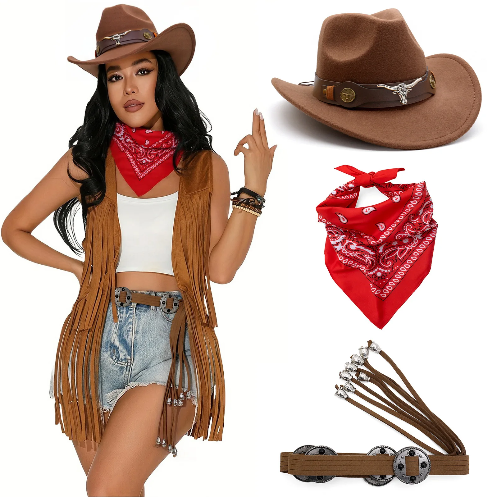 Women Western Cowboy Costume Set Vest Wide Brim Cowgirl Hat Red Paisley Bandana Fringe Waist Belt Halloween Carnival Outfit view 2