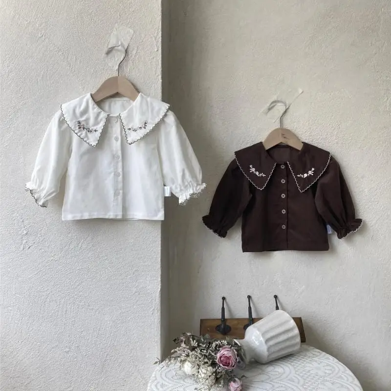 

2024 Autumn New Baby Girl Long Sleeve Flower Embroidery Collar Shirts Kids Girls Large Lapel Blouse Loose Infant Cotton Tops