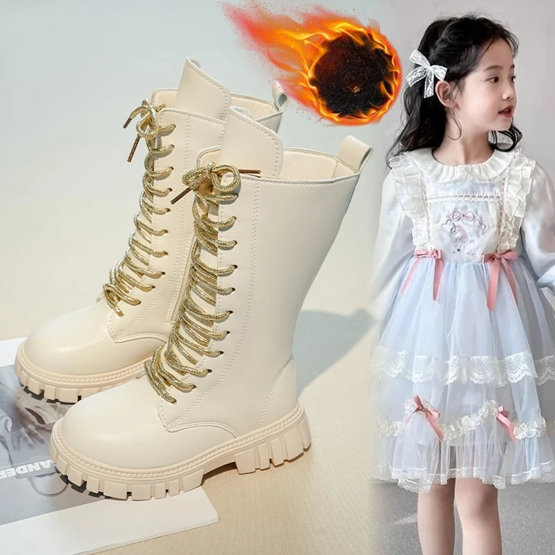 Girls Boots Tall Boots Padded Leather Boots 3-18 Years Beige Hundred Children Cotton Shoes Black Soft Anti-slip Kids Long Boots