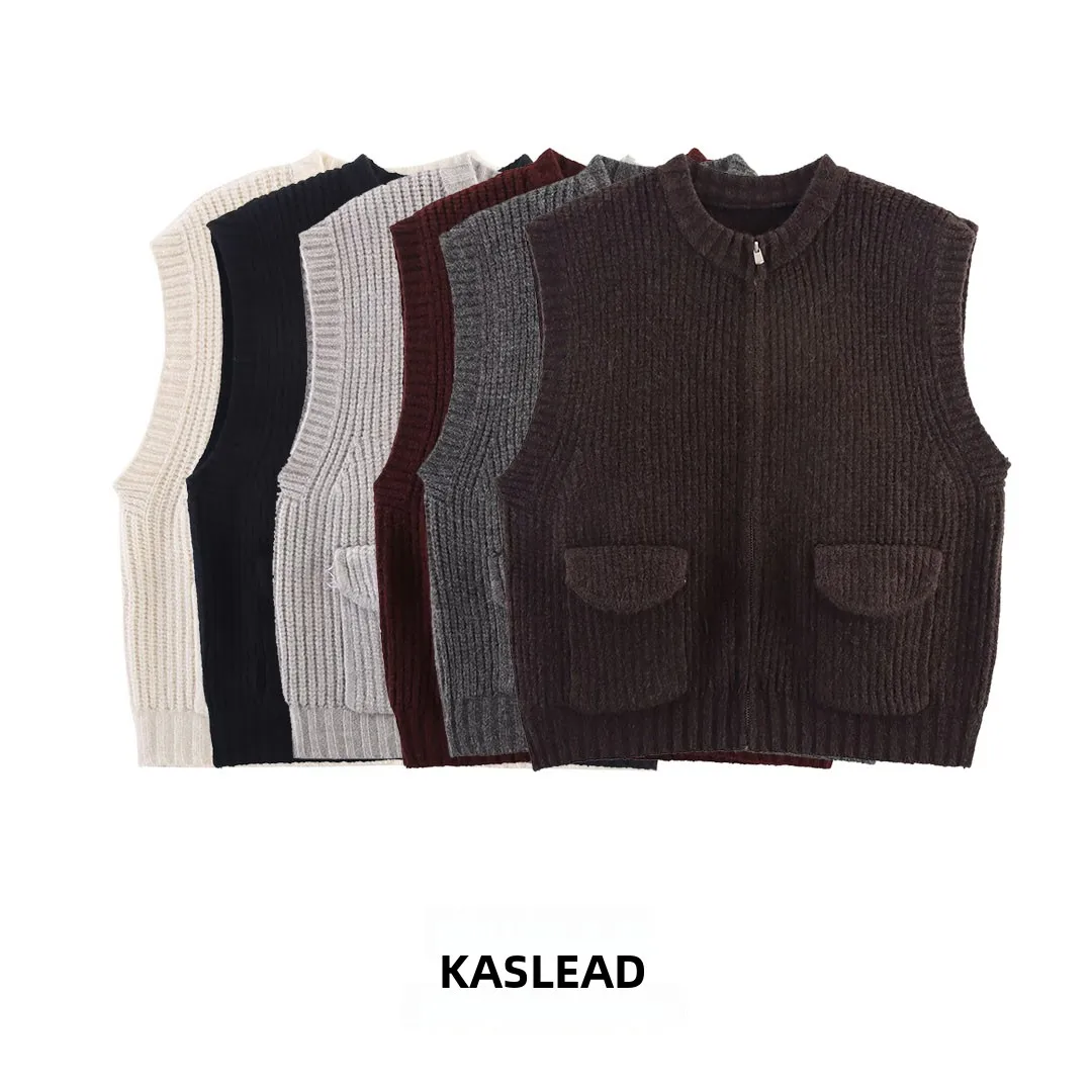 KASLEAD Nowy Damski Sweter Dzianinowy Zapinany na Zamek Okrągły Dekolt Gruba Igła Otwarty Kardigan Kamizelka Street Style Włókno Poliestrowe