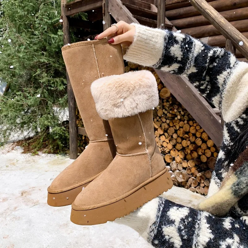 

Winter Mid-Calf Snow Boots Made of Cow Suede with Plush Lining for Ultimate Warmth Comfort in Cold Weather