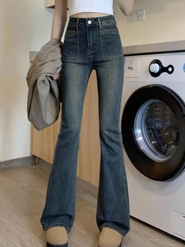 High Waist Double Button Bell Bottom Jeans Women's Spring Autumn Slim Fit Large Size Retro Vintage Butt Lifting Long Pants