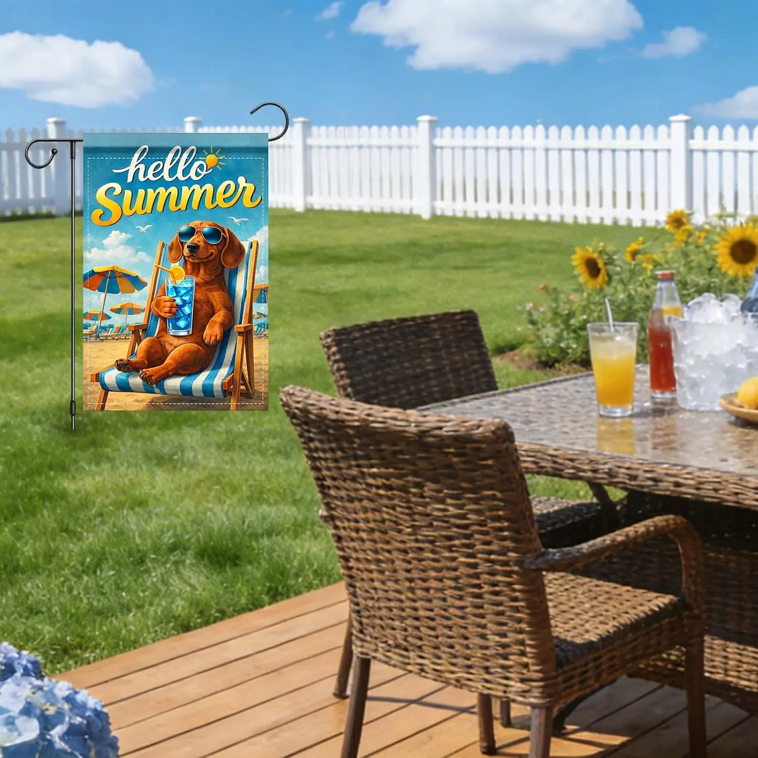 Summer Garden Flag Hello Summer Dog Sunglasses Beach Chair Pattern Polyester 12x18 Inches Garden Flags for Outside Fun Decor PPZ