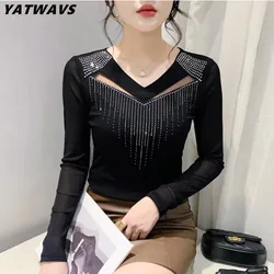 Autumn Fashion Korean Clothes T-Shirt Sexy V-Neck Shiny Diamonds Women Top Long Sleeve Tees New Streetwear Lady All Match Blouse