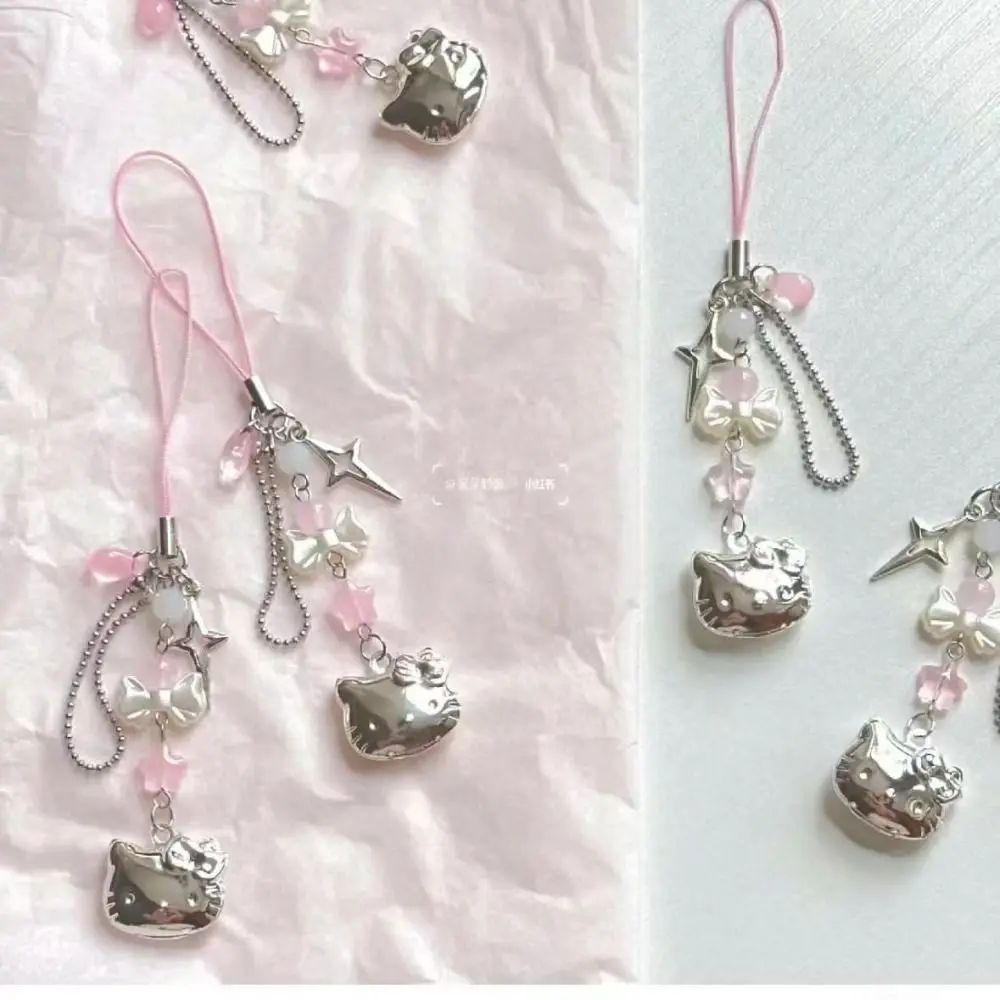 New Cat Cell Phone Rope Chain Pink Y2K Beaded Beads Chain Anime Pendant DIY Key Chain Phone Charm Key Chain
