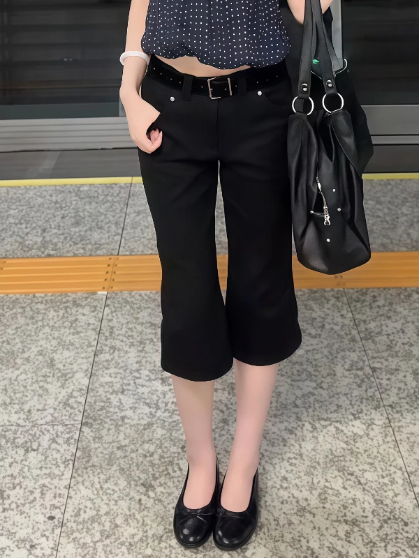 American Retro Low Waist Early Seven-Quarter Black Capri Pants Women Summer Millennium Hot Girl Slimming Micro Flared Medium-... - view 3
