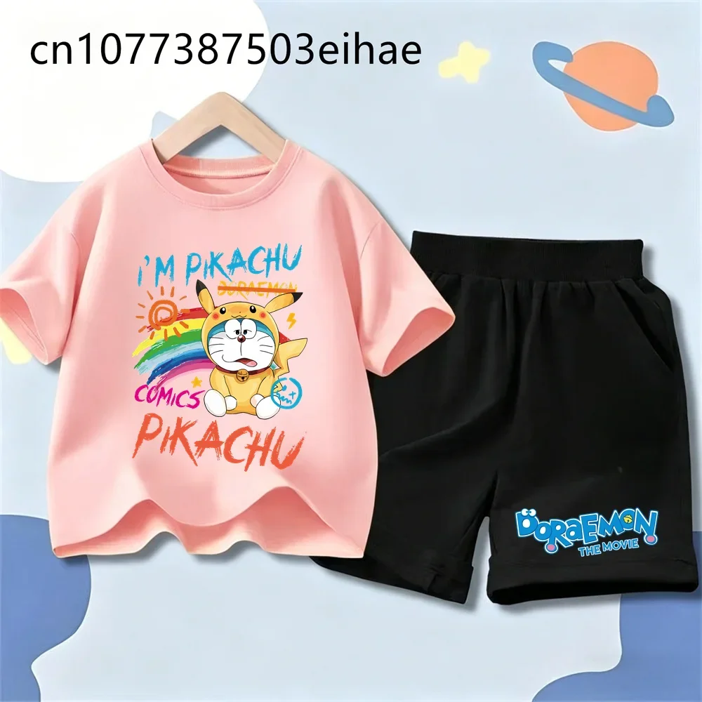 Doraemon Universal Boys Girls 2-Piece Suit Cute Cartoon Short Sleeve Top Elastic Shorts Summer Play Wear Birthday Party Gift