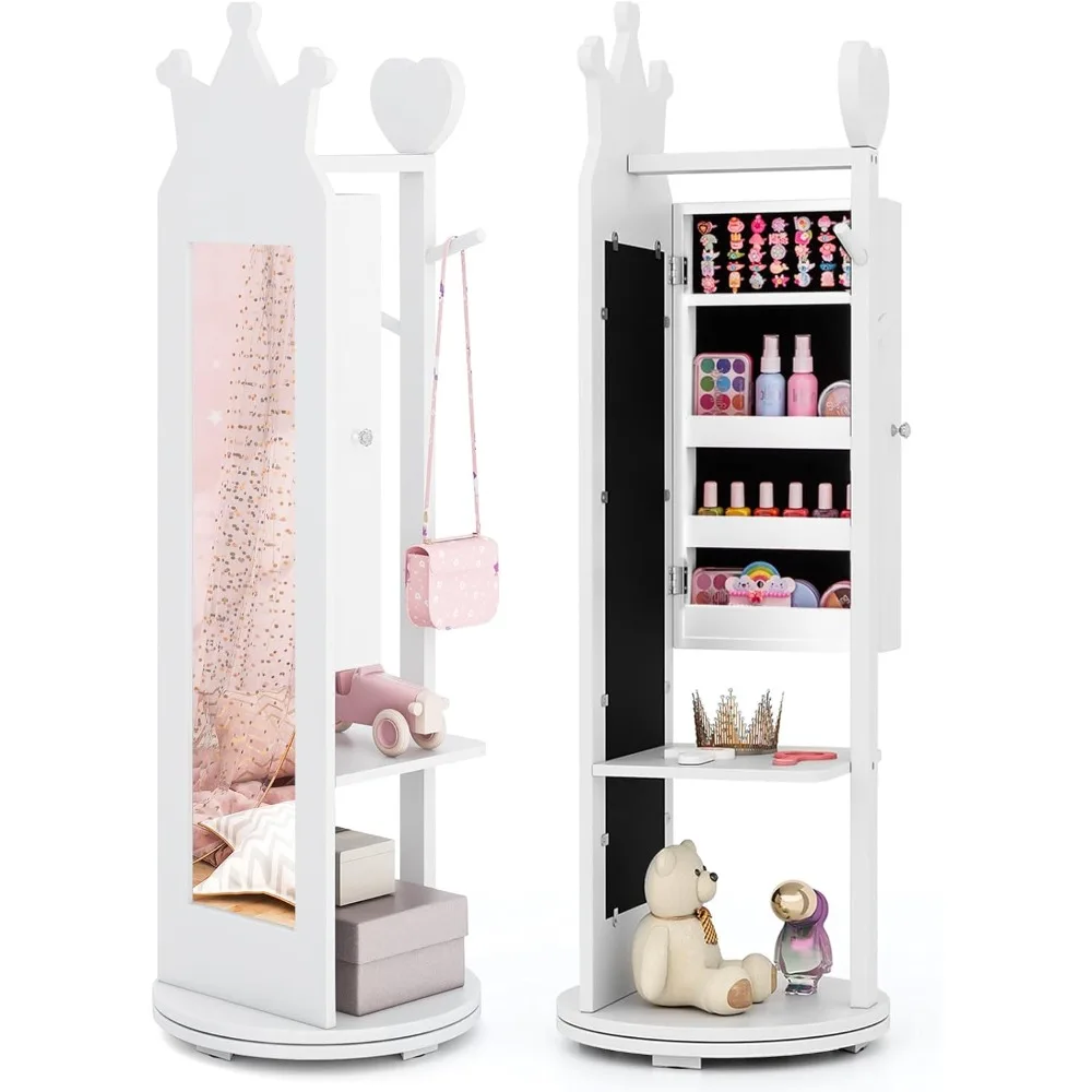 

Kids Jewelry Armoire, 360° Swivel Jewelry Cabinet with Full Length Mirror & Garment Rack, Kids Vanity Dress Up Mirror