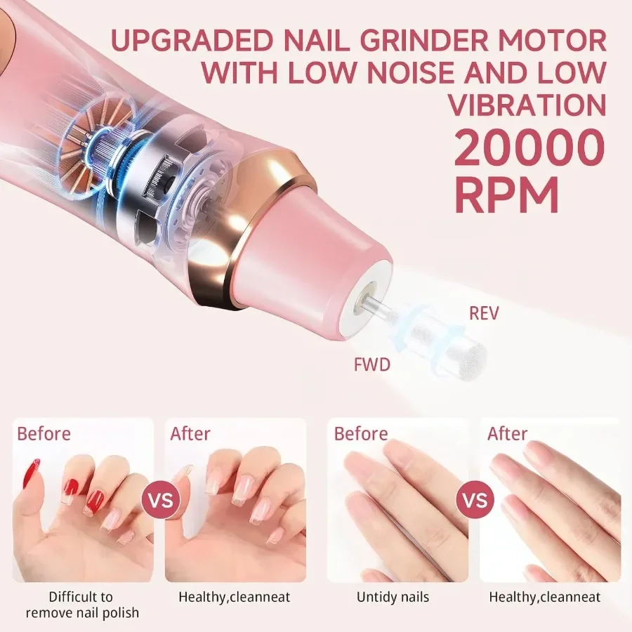 Bezprzewodowa frezarka do paznokci, trwała elektryczna pilarka do paznokci do użytku profesjonalnego i domowego, cicha elektryczna frezarka do paznokci z oświetleniem LED 360°.