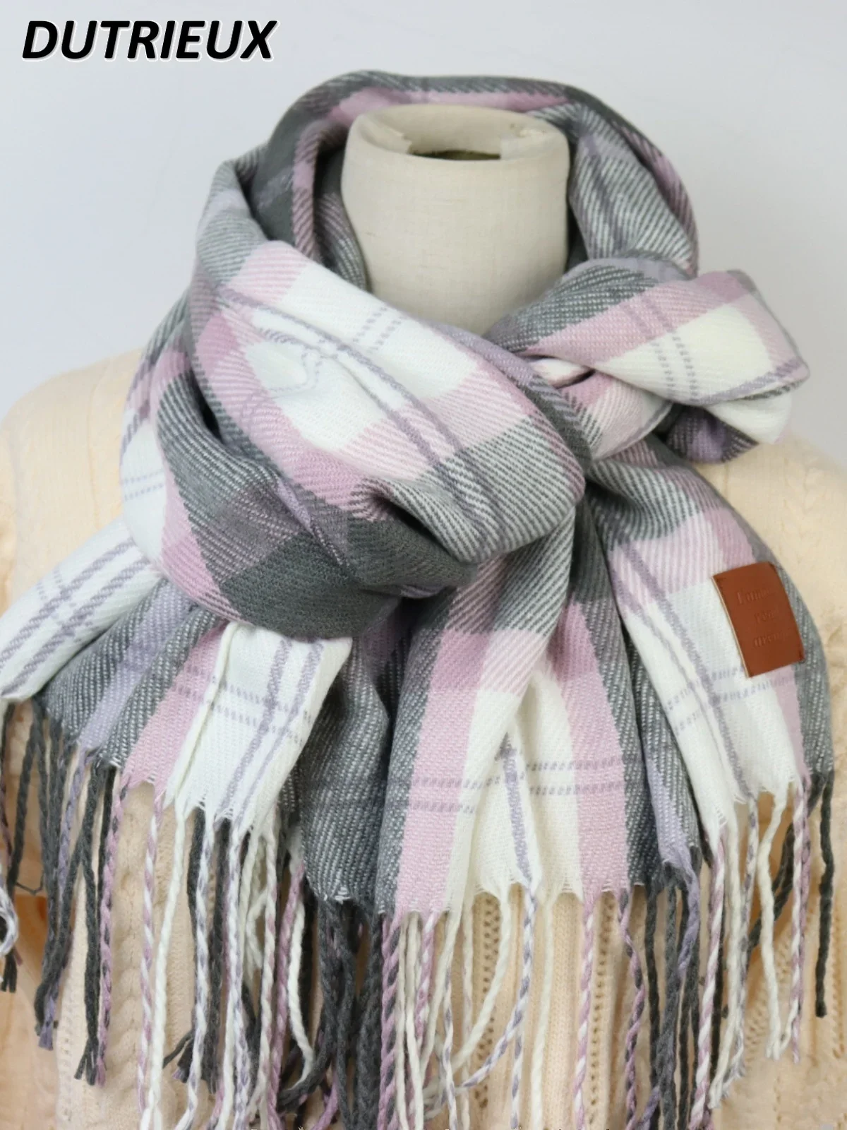 

Plaid Scarf Shawl Gray-pink Imitation Cashmere Warm Autumn and Winter Students Sweet Girls Long Korean Version Thick Scarfs