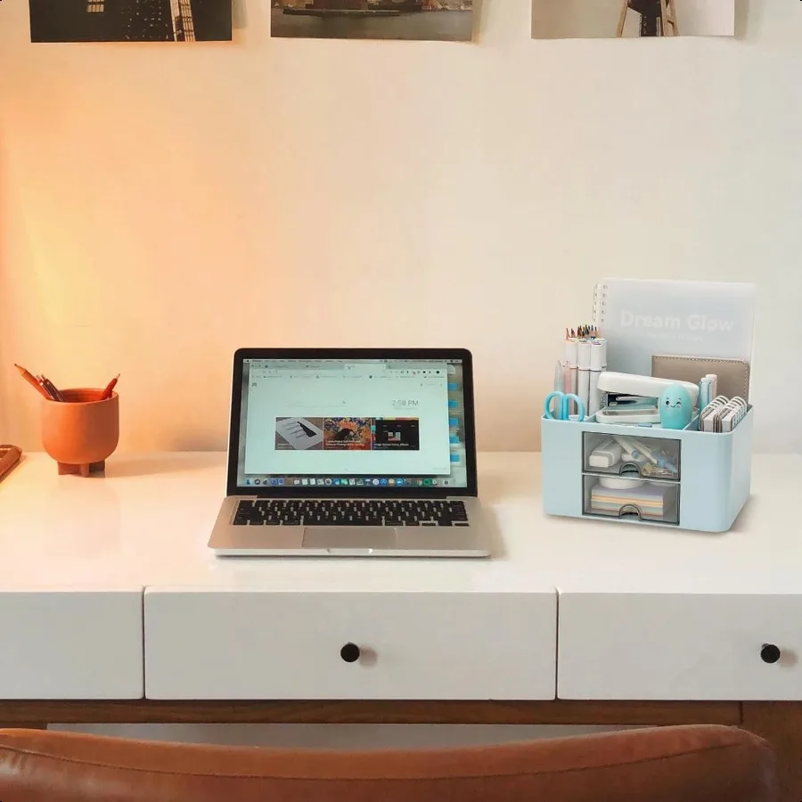 منظم مكتب مع حامل أقلام رصاص متعدد الوظائف بدرجين لمنظمي المكتب والتخزين مع 7 مقصورات لسطح المكتب