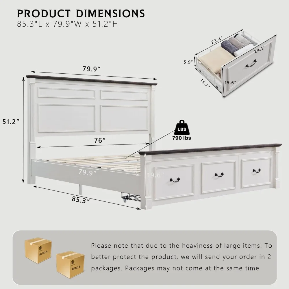 King Bed Frame with Headboard & Roman Column Decoration Footboard & 3 Large Storage Drawers, No Box Spring Needed