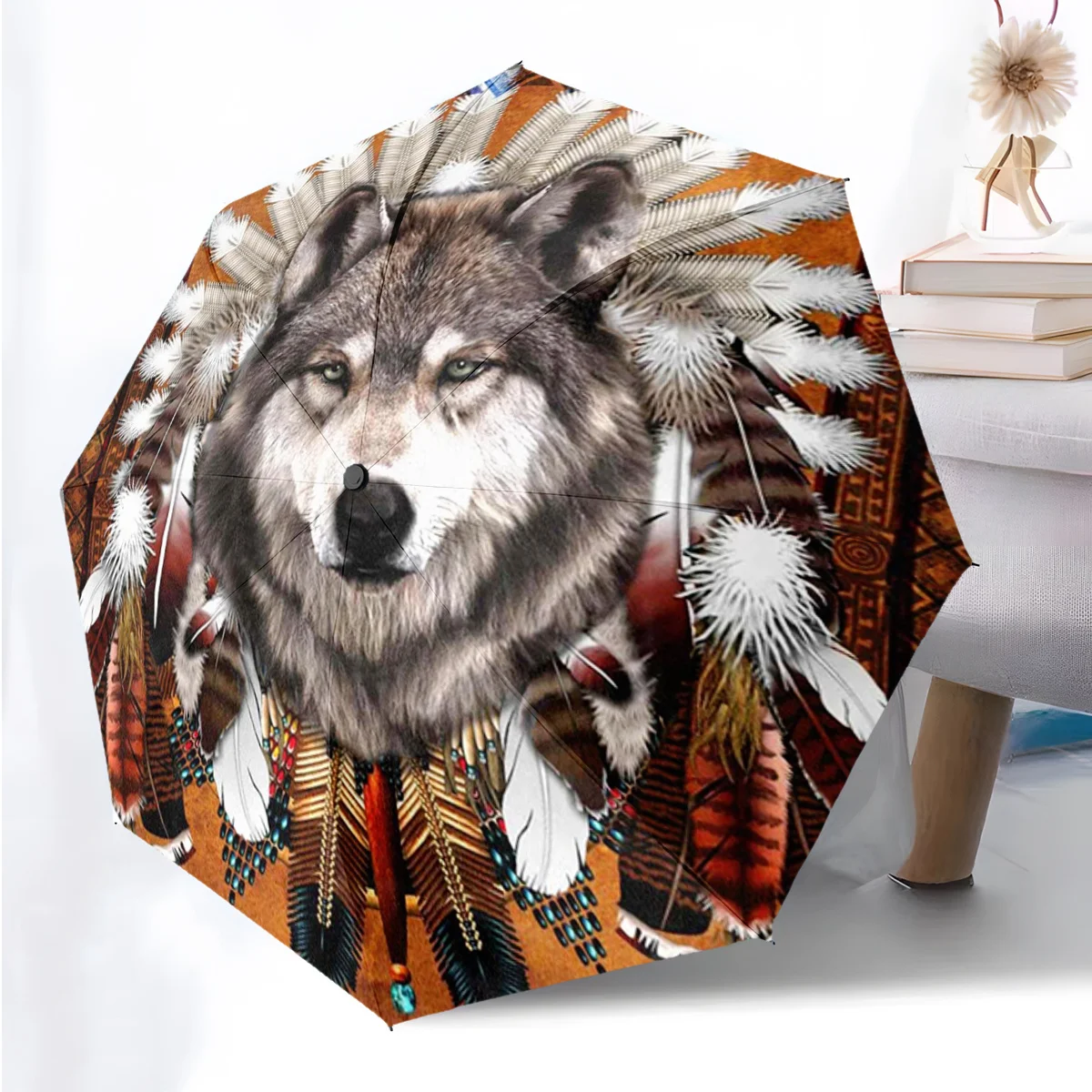 

1pc Wolf Tribal Design Automatic Open/Close Umbrella with 8-Rib Sturdy Frame - Automatic Folding/Opening, Windproof & Portable