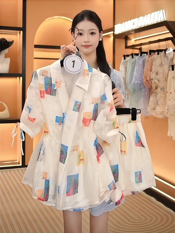 Korean Fashion Trendy Set 2026 Summer New Classy Anti-Aging Casual Versatile Beaded Print Shirt Shorts Women's Ensemble