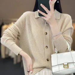 Lente en herfst nieuwe revers 100% zuivere wollen vest dames holle polokraag losse trui gebreide top