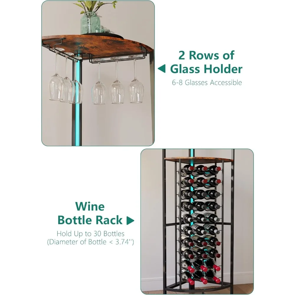 ชั้นวางไวน์แบบมุมพร้อมไฟ LED, ชั้นวางไวน์ 30 ขวด, ตู้บาร์แบบตั้งพื้นมุมพร้อมที่วางแก้วและชั้นเก็บของ