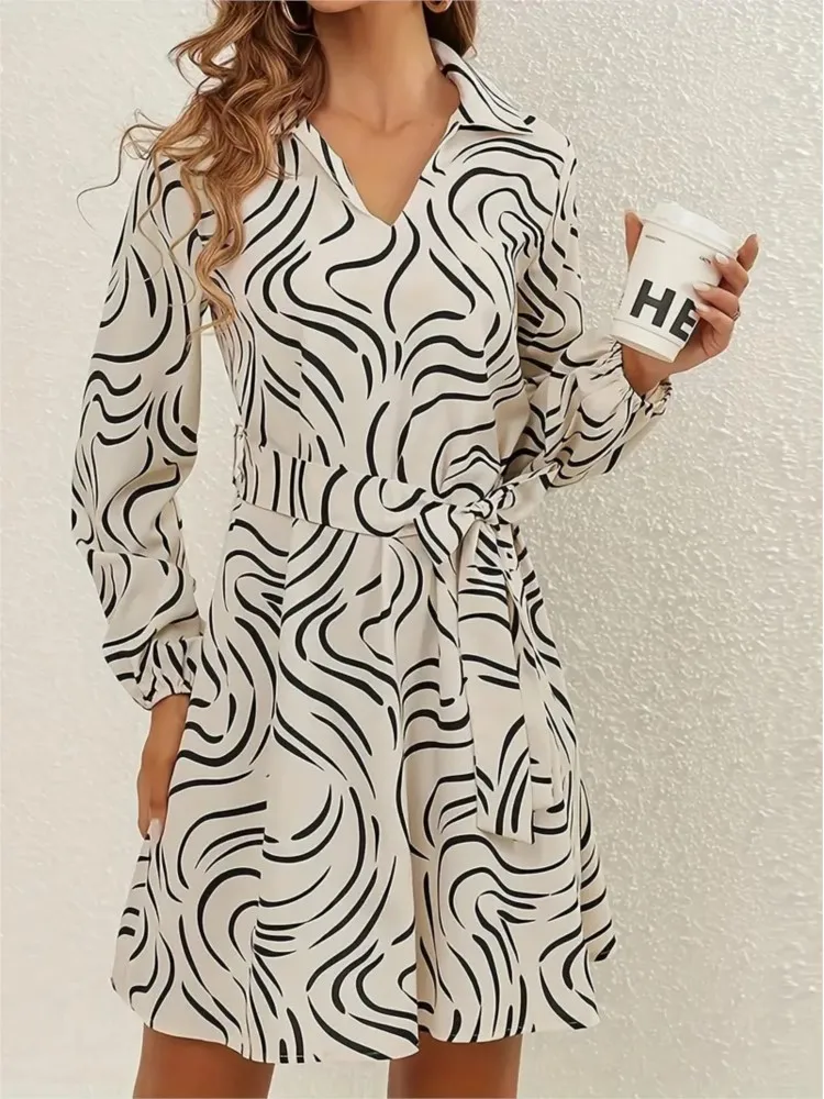 Elegant Long Sleeve Shirt Dress 2025 Spring New Lapel A-line Midi Dresses Office Ladies Temperament Boho Dress With Bele Vestido