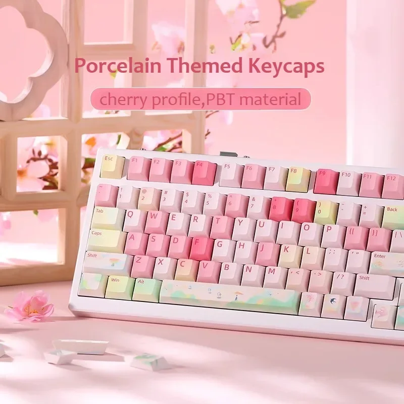 Ensemble de touches roses sur le thème de la porcelaine, sublimation PBT, aucun profil, accessoires de clavier mécanique, capuchons de clavier personnalisés