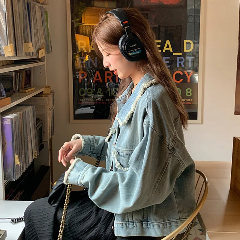 Faionable solto feminino denim jaet primavera outono retro tamanho pequeno casaco ort material de algodão modelo fino produção chinesa
