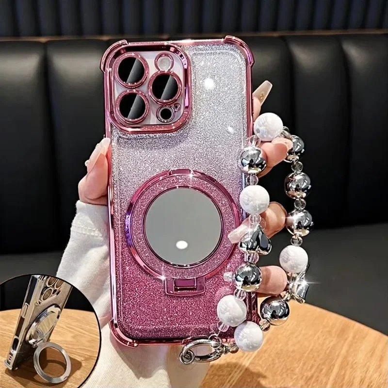 

Luxury Sparkling Pink Love Bracelet Mirror Bracket Case Suitable for iPhone 17 16 15 14 13 12 ProMax Anti Drop Protective Cover