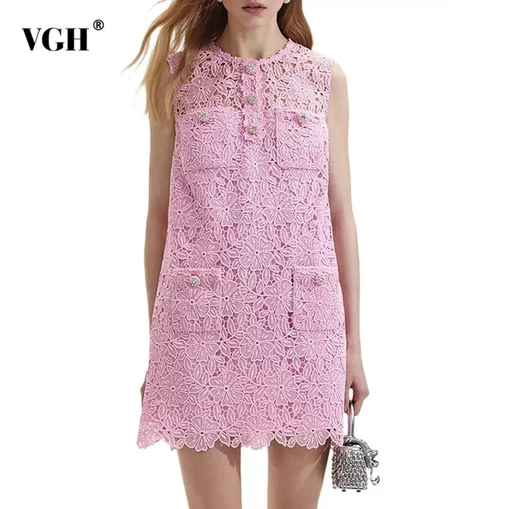 

VGH Solid Hollow Up Lace Sweet Mini Dresses For Women Round Neck Sleeveless High Waist Spliced Pocket Temperament Dress Female
