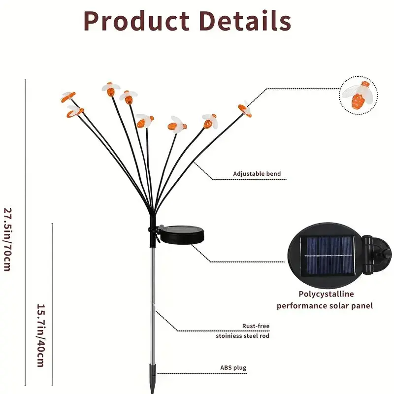 1PC 6/8-Headed พลังงานแสงอาทิตย์ Bee Light LED ตกแต่งกลางแจ้งไฟ Fairy,แสงแนวนอนสําหรับ Garden,ลาน,สนามหญ้า,ทางเดิน,ระเบียง