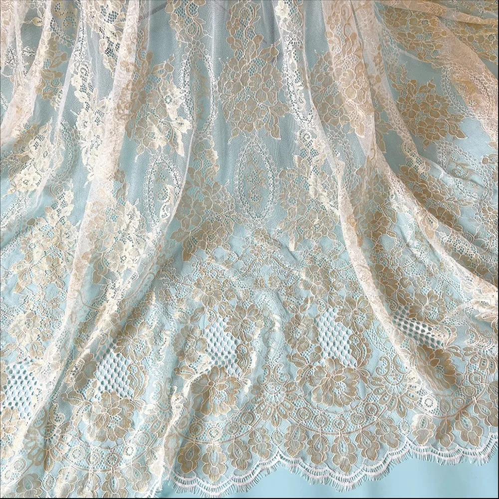 Gold 1.5meter Wide, 3meters Length French Chantilly Lace Fabric Exquisite Wedding Gown