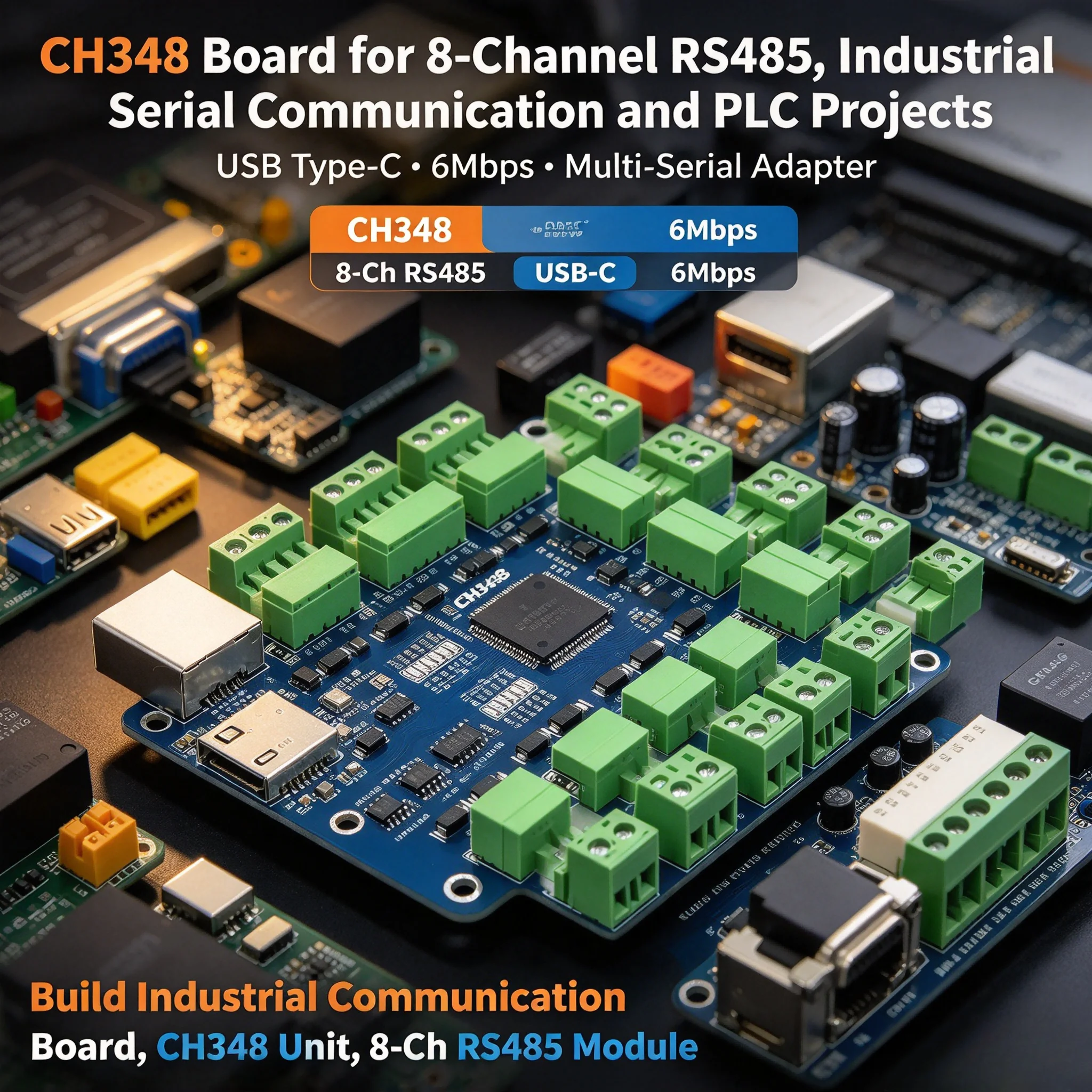5Pcs CH348 USB Type-C to 8 Channel RS485 Converter Module 6Mbps Multi-Serial Adapter for PLC