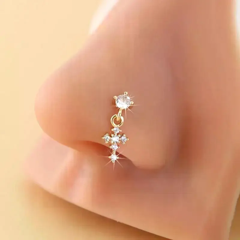 Dangle Nose Rings For Women Cross Zircon Nose Piercing Jewelry L Shape Nose Studs Body Jewelry Accessories view 2