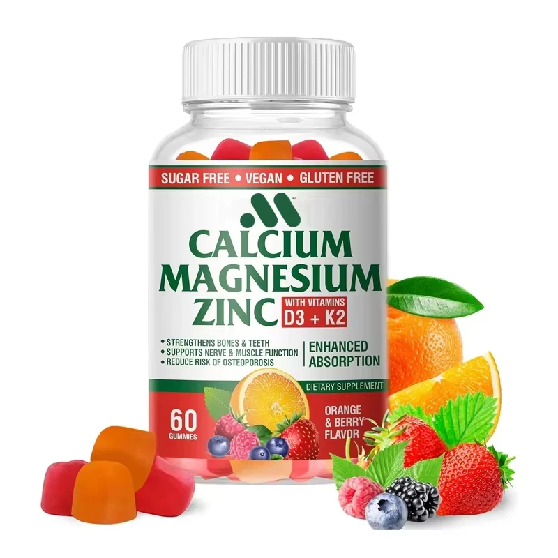 

Calcium magnesium zinc gummies contain vitamins D3 and K2- efficiently enhance absorption - orange and berry flavored 60 gummies