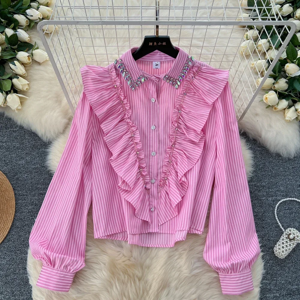 Vintage Striped Puff Sleeve Edible Tree Fungus Ruched Top Chic Rhinestone Women Streetwear Korean High Street Autumn Blouse