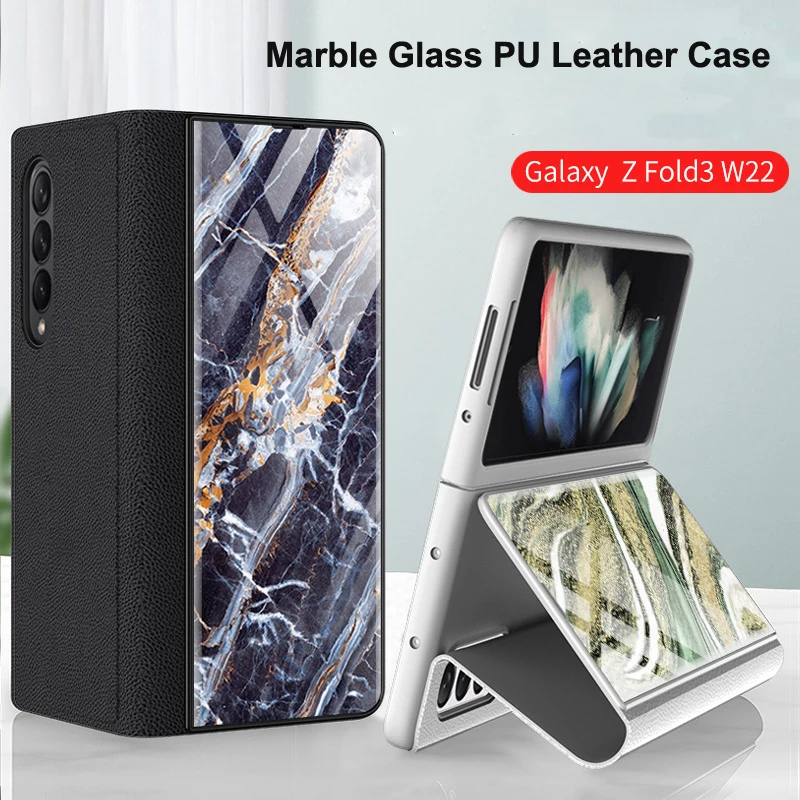 for Samsung Galaxy Z Fold 4 3 5G Case Luxury Marble Glass Leather Flip Cover for Galaxy Z Flold3 Full Protect Kickstand Funda