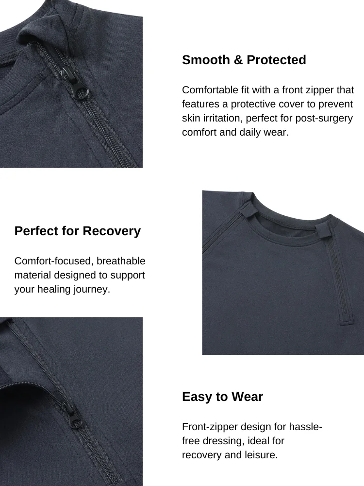 Kaos Depan Terbuka Lengan Panjang Pasca Pemulihan Unisex dengan Kain Antimikroba untuk Pemulihan yang Nyaman