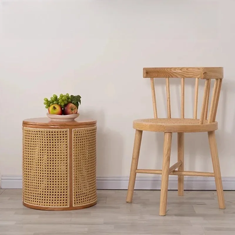 Vintage Solid Wood Rattan Storage Stool Wabi-Sabi Japanese Nightstand round Bucket Ottoman