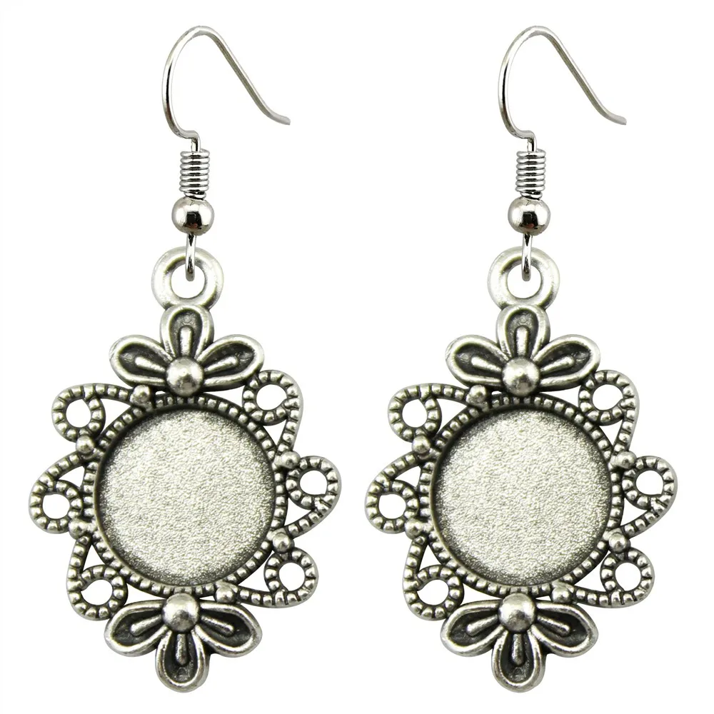 Fit 12mm Glass Cabochon Antique Silver Color Zinc Alloy Drop Earrings Hooks Earring Base Setting Earring Findings
