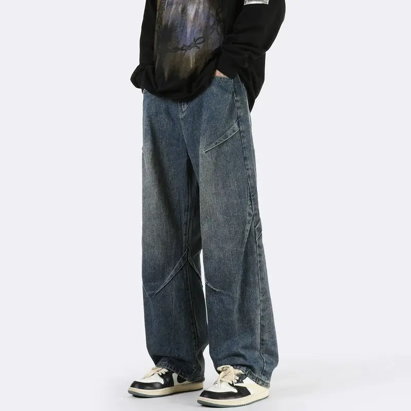 Men's Wide Leg Drape Fitting Baggy Straight Jeans Male Streetwear Denim Trousers Fashion Hip Hop Cargo Pants