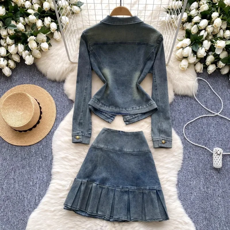 Embroidery Denim Two-piece Set Laple Neck Long Sleeve Buckle Coat + High Waist Pleated Skirt Autumn New Casual Suit Women