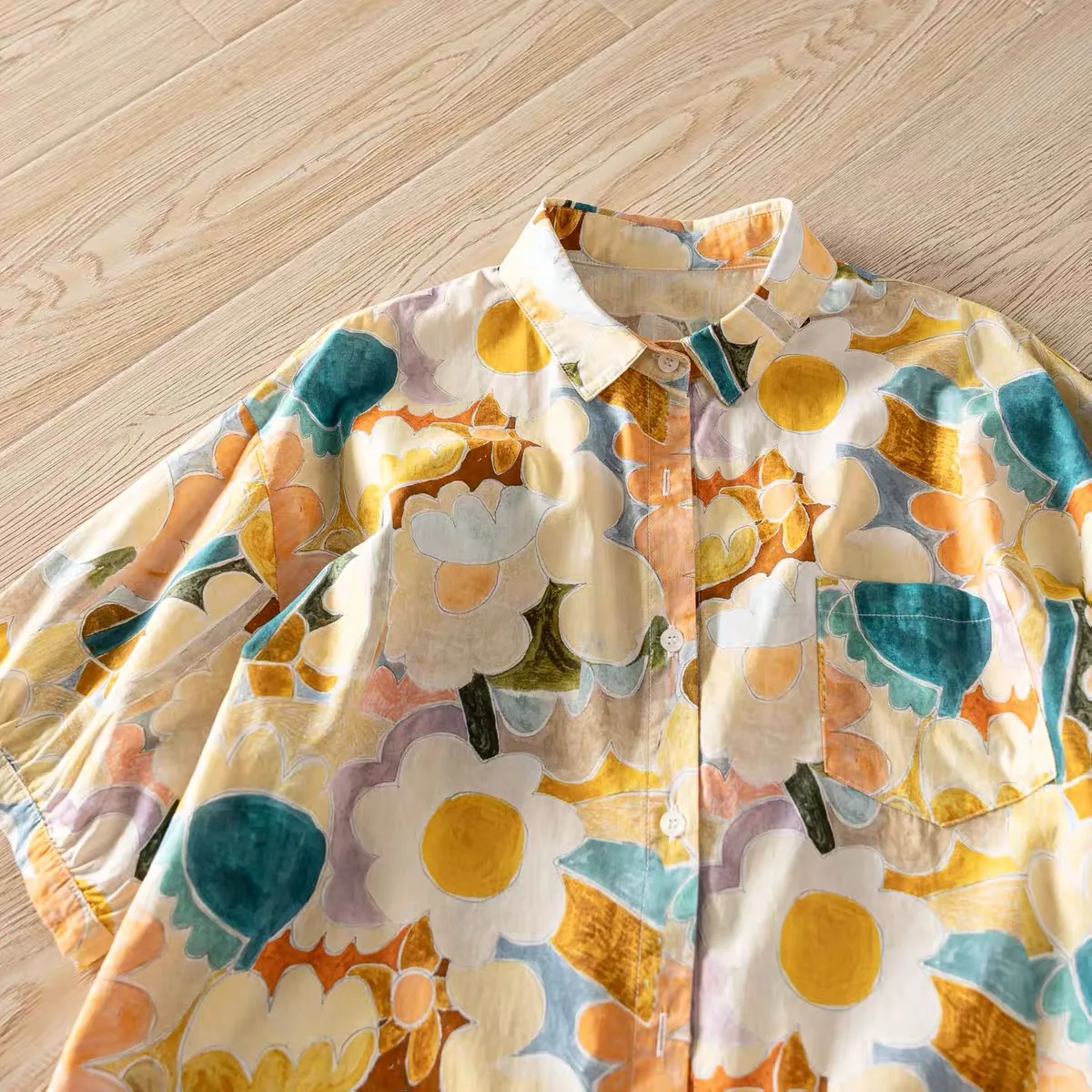 

2026 Women's Vintage 100% Cotton Floral Print Short Sleeve Shirts Retro Oil Painting Flower Oversized Cottagecore Summer Blouse