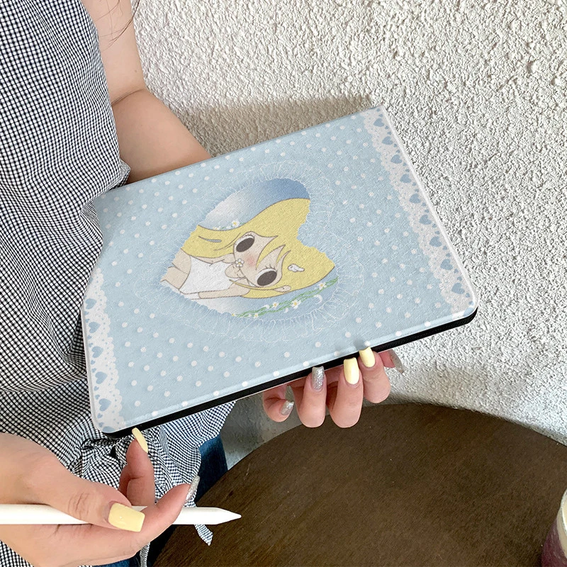 Cute Girl Polka Dot Blue Tablet Case For iPad Pro 11 12.9 13 A16 M2 M4 M3 M5 Shell 10.2 5/6/7/8/9/10/11th Mini Air 3 4 5 7 Cover