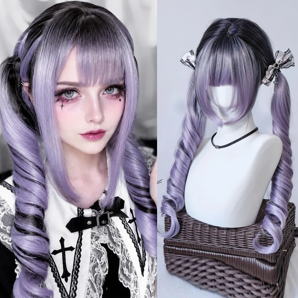 Long Wavy Black Ombre Purple Wig with Bangs Synthetic Lolita Cosplay Natural Wig for Women Heat-Resistant Halloween Costume Wig