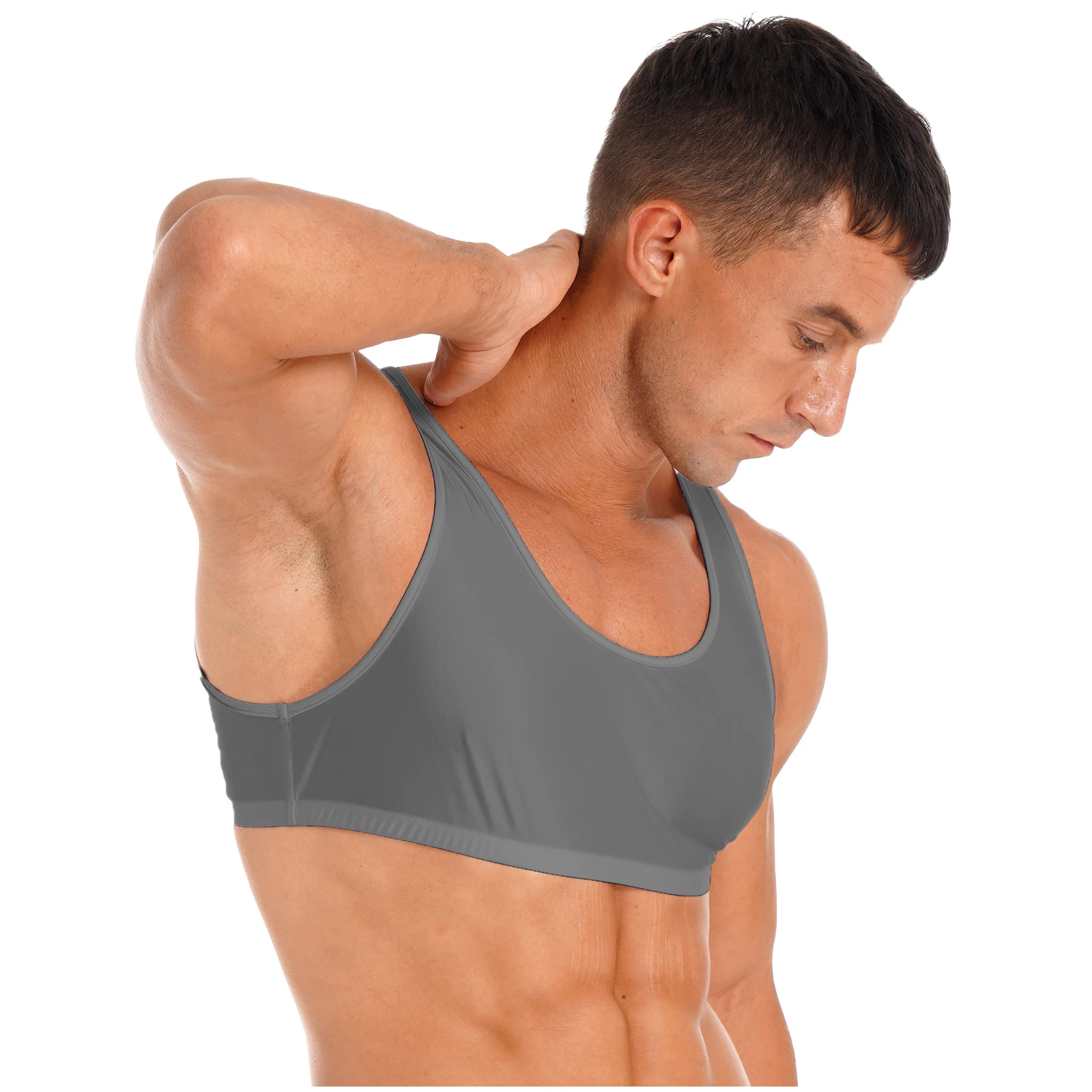 Mens Adults Glossy Cropped Tank Top Solid Color Sleeveless Corset Vest Tops for Gymnastics Workout Stage Performance Costume