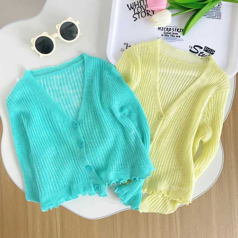 2024 Summer Kids Clothes Baby Girls Cardigan Toddler Girl Cute Macaron Knitted Sunscreen Jacket Ultra-thin and Breathable 1-10y