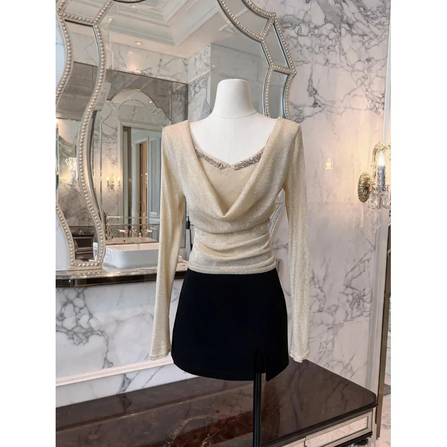 Elegant Long Sleeve T-Shirt with Lace Halter Neck Design Unique Small Audience Sensation Women's Citywalk Standard Fit Knitte...