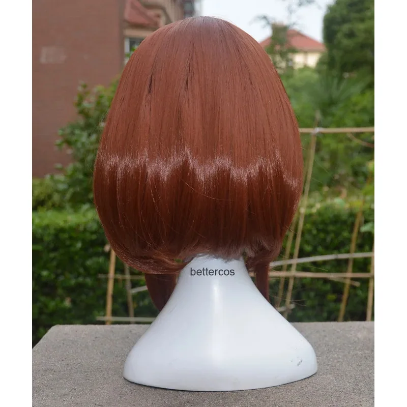 Pelucas de Cosplay de My Hero Academia Boku no Hiro Akademia Uraraka Ochako, pelo sintético corto marrón Bob resistente al calor + gorro de peluca