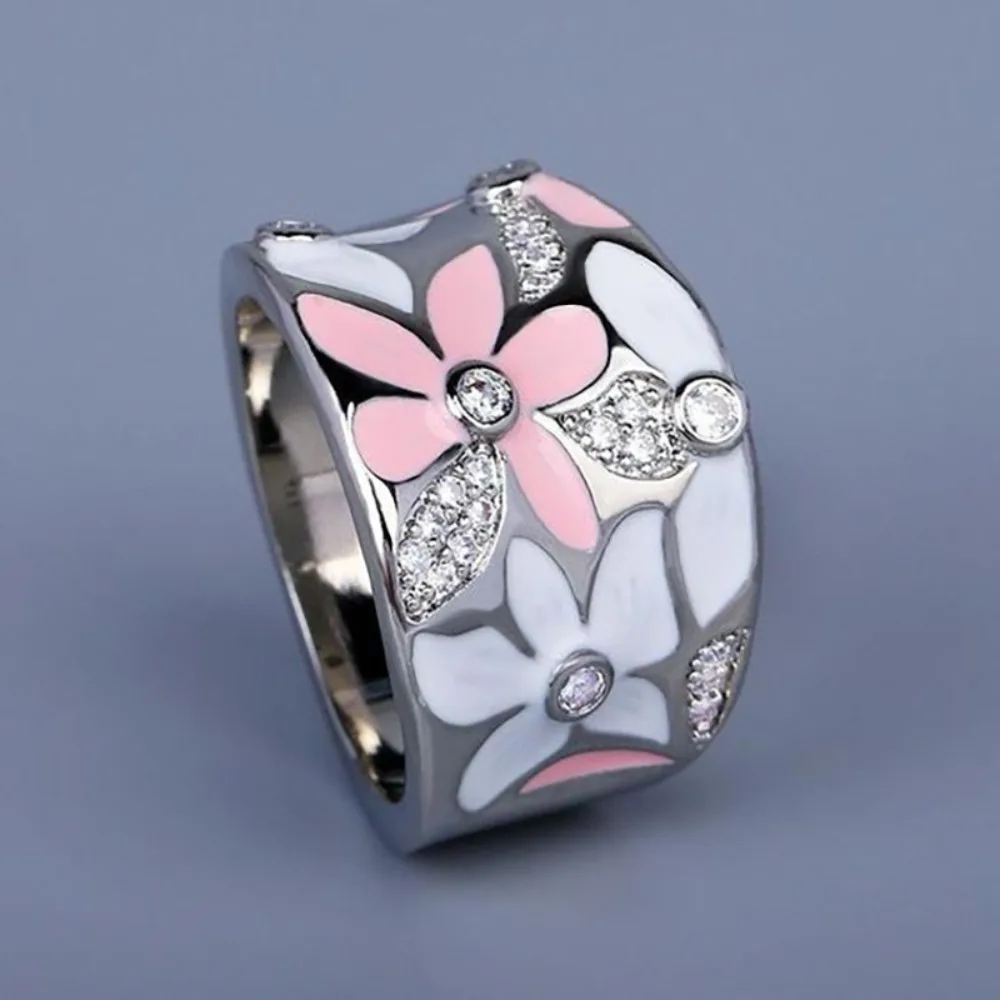 Sweet Korean Micro Inlay Zircons Flowers Sliver Color Stainless Steel Wide Index Finger Ring for Women High Quality Jewelry Gift