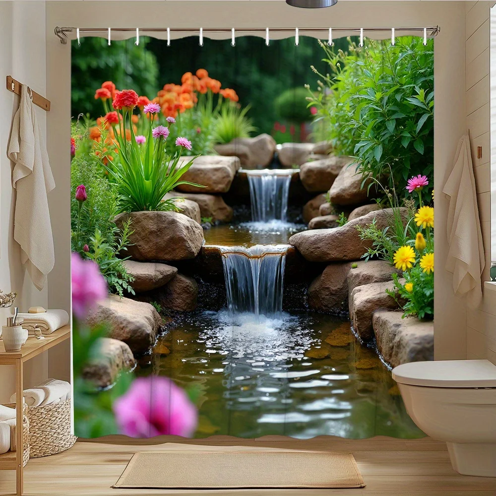 3D Garden Waterfall Shower Curtain Nature Scene Flowers Rocks Stream Waterproof Fabric Peaceful Zen Bathroom Decor