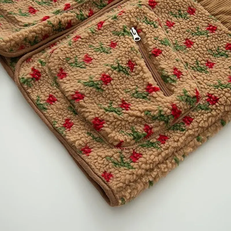 سترة الأزهار الموضة للنساء خريف شتاء جديد دافئ نصف الياقة العالية بأكمام طويلة تقسم ​ ​ معطف من الصوف القطبي بسحاب للجيب