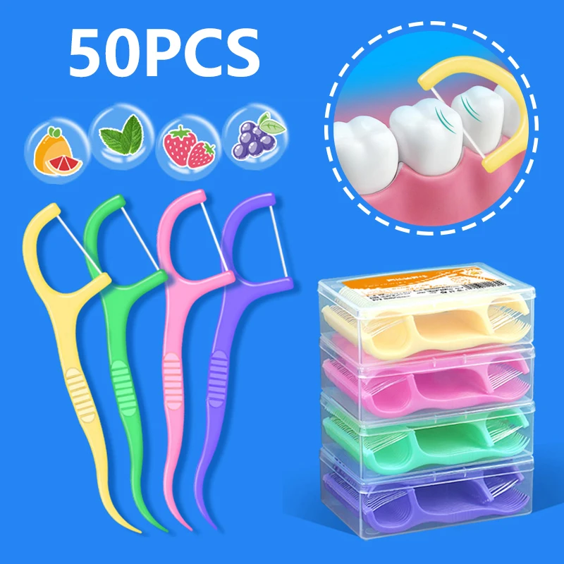 

50Pcs/Box Fruit Flavor Dental Floss Pick Inter-dental Brush Tooth Cleaning High Tensile Force Portable Teeth Stick Hygiene Care