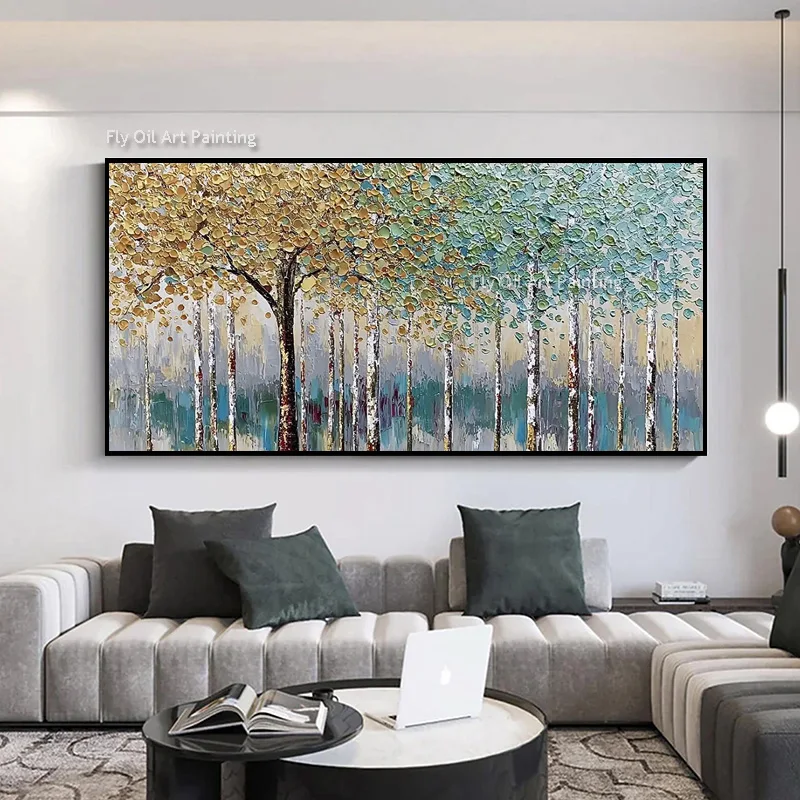 Hand Painted Golden Foliage Birch Tree Painting, 3D Textured Landscape Canvas Wall Art, Contemporary Home Interior Decor