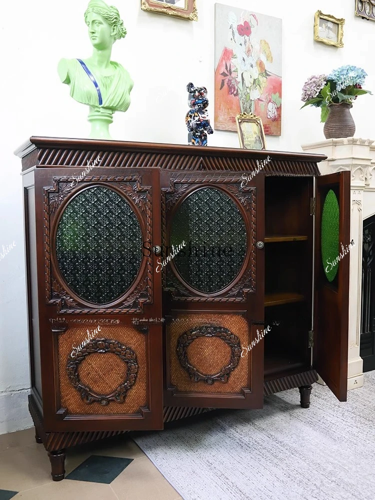 

French classic retro colored begonia glass rattan carved dining side cabinet FT